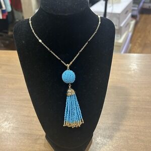 Talbots Necklace Blue Beaded Tassel Pendant 24" Womens Boho Statement Jewelry